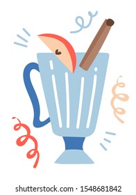 Vector hand drawn illustration of a glass with mulled wine, cinnamon and a slice of apple. Ingredients for mulled wine. Design greeting cards, posters, gift wrapping.