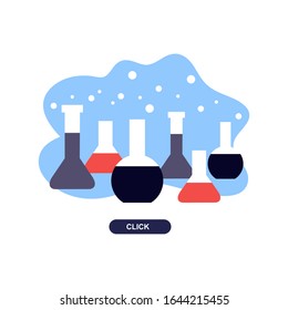 Vector hand drawn illustration of glass flasks with different color liquid with bubbles. Web site, app concept. Banner template