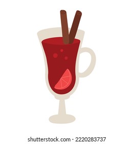 Vector hand drawn illustration of a glass with mulled wine, badian,  cinnamon and a slice of orange. Ingredients for mulled wine. Design greeting cards, posters, gift wrapping.