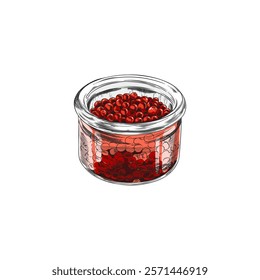 Vector hand drawn illustration of glass jar with red caviar. Seafood delicacy. Engraved style. Storage container. Salmon caviar. Isolated minimal illustration.