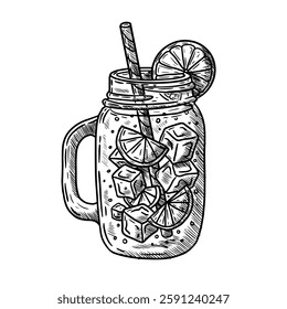 Vector hand drawn illustration of glass with drink, lemon, ice, straw, refreshing