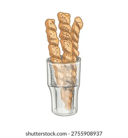 Vector hand drawn illustration of glass with baguettes. Brown and white pastry  drawing isolated on white background. Sketch icon and bakery element for print, web, mobile.