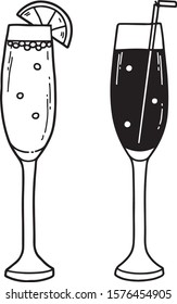 Vector hand drawn illustration of glasses with alcoholic cocktails with straw and lemon. Flat cartoon style, isolated on white background. For print, menu, cafe, restaurant, bar. 