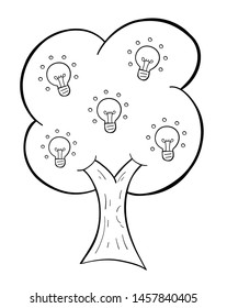 Vector hand drawn illustration of glowing light bulb idea tree. Black outlines and white background.