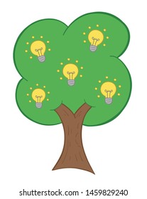 Vector hand drawn illustration of glowing light bulb idea tree. Colored outlines and colored.
