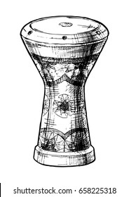 Vector hand drawn illustration of goblet drum (egyptian tabla) in vintage engraved style. isolated on white background.