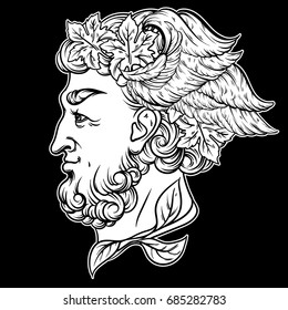 Vector hand drawn illustration with God of wine. Artwork with profile of antique God. Template for card, poster, banner, print for t-shirt.