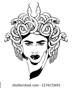 Vector hand drawn illustration of Gorgon isolated . Creative tattoo artwork. Template for card, poster, banner, print for t-shirt, pin, badge, patch.