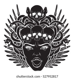 Vector hand drawn illustration of gorgon with skull and wings in hand sketched  realistic style. Artwork with portrait of gorgon. Template for card, poster, banner, print for t-shirt.