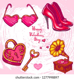 Vector hand drawn illustration of gramophone playing music with hearts, shoes with heel, eyeglasses, lock and key, text Happy Valentines Day on background with paper texture. Linear art 