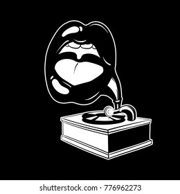 Vector hand drawn illustration of gramophone with human mouth.  Tattoo artwork made in 90's style. Template for card, poster, banner, print for t-shirt, textiles, badge, sticker, pin.