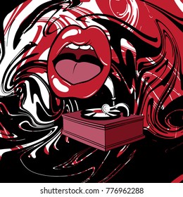 Vector hand drawn illustration of gramophone with human mouth.  Liquid unique texture. Template for card, poster, banner, print for t-shirt, textiles, badge, sticker, pin.