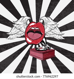 Vector hand drawn illustration of gramophone with human mouth and wings.  Tattoo artwork made in 90's style. Template for card, poster, banner, print for t-shirt, textiles, badge, sticker, pin.