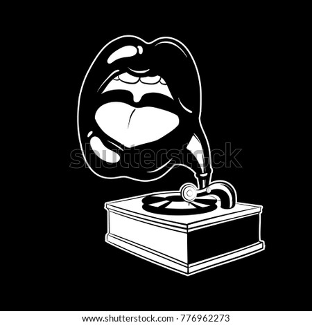 Vector hand drawn illustration of gramophone with human mouth.  Tattoo artwork made in 90's style. Template for card, poster, banner, print for t-shirt, textiles, badge, sticker, pin.