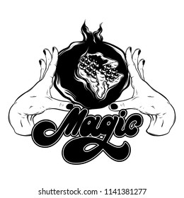 Vector hand drawn illustration of granate with eyes and handwritten lettering. Creative tattoo artwork. Template for card, poster. banner, print for t-shirt, pin, badge, patch.