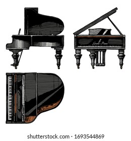 Vector hand drawn illustration of Grand Piano in Vintage engraved style. Top, front, right side views.