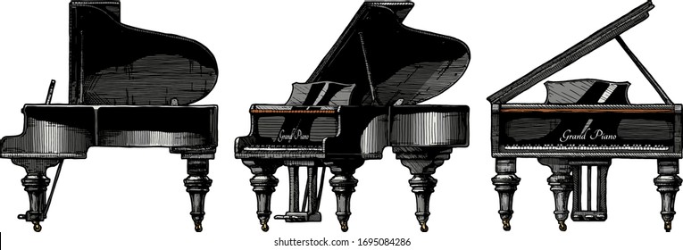 Dibujo a mano del vector de Grand Piano en proyecciones ortográficas. frente, lado derecho y tres cuartas partes de vistas.