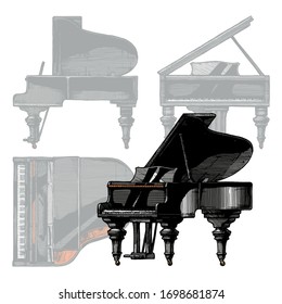 Dibujo vectorial a mano de Grand Piano. Proyección ortográfica en segundo plano. Vistas superiores, frontales, laterales derecha.