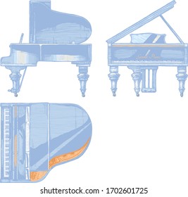 Vector hand drawn illustration of Grand Piano in Vintage engraved style. Top, front, right side views.