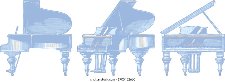Vector hand drawn illustration of Grand Piano in orthographic projections. front, right side and ¾ views.