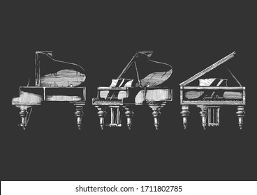 Dibujo a mano del vector de Grand Piano en proyecciones ortográficas. frente, lado derecho y tres cuartas partes de vistas. Aislado sobre fondo negro.  