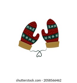 Vector hand drawn illustration of green and red knitted mittens with snowflakes. Winter clothing design for logo, icon, sticker, banner, card.