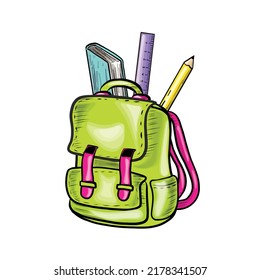 Vector hand drawn illustration of green school bag. Hand drawn colorful stationary bag sketch of the knapsack with pencil and ruler. Back to School and Education Concept Illustration.