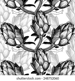 Vector hand drawn illustration with green vegetables artichoke on white background.