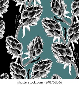 Vector hand drawn illustration with green vegetables artichoke on white background.