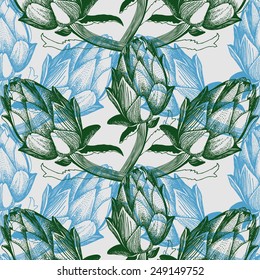 Vector hand drawn illustration with green vegetables artichoke on blue background.