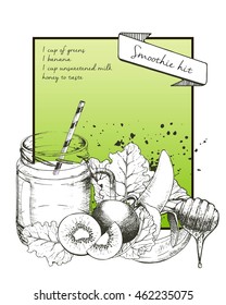 Vector hand drawn illustration of green smoothie recipe. Engraved set of fruits and vegetables for detox and weight loss. With jar and cocktail drinking straw.