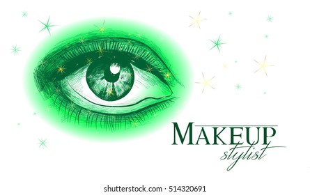 Vector hand drawn illustration of green women eye. Concept for beauty salon, cosmetics label, cosmetology procedures, visage and makeup.