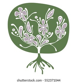 Vector hand drawn illustration, green decorative ornamental stylized tree. Green graphic illustration isolated on the white background. Hand drawing silhouette. Decorative artistic abstract branch