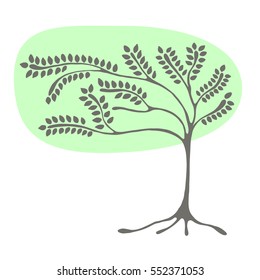 Vector hand drawn illustration, green decorative ornamental stylized tree. Green graphic illustration isolated on the white background. Hand drawing silhouette. Decorative artistic abstract branch