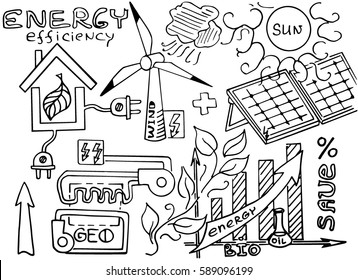 Vector hand drawn Illustration. Green world concept. Alternative energy sources. Ecology doodles icons. 