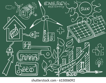 Vector hand drawn Illustration. Green world concept. Alternative energy sources. Ecology doodles icons. Hi-tech green wallpaper.