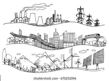 Vector hand drawn Illustration. Green world concept, Ecology doodles icons. 