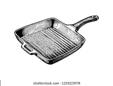 Vector hand drawn illustration of Griddle pan in vintage engraved style. Isolated on white background. 