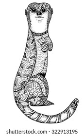 Vector hand drawn illustration of ground squirrel for coloring book. Ethnic retro design in zentangle style with floral elements,Black line art on white background