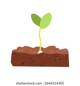 Vector Hand drawn illustration of Growing sprout in soil, green silhouette of little plant leaf, concept of plant growth, healthy food, eco planet care, biology educational purposes, spring gardening