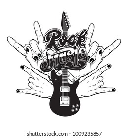 Vector hand drawn illustration of guitar, rock hands  and handwritten lettering. Tattoo artwork.  Template for card, poster, banner, print for t-shirt, label.