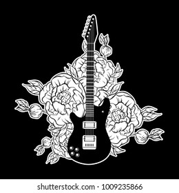 Vector hand drawn illustration of guitar and flowers . Tattoo artwork.  Template for card, poster, banner, print for t-shirt, label.