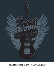 Vector hand drawn illustration of guitar with wings and handwritten lettering. Tattoo artwork.  Template for card, poster, banner, print for t-shirt, label.