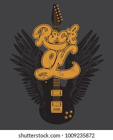 Vector hand drawn illustration of guitar with wings and handwritten lettering. Tattoo artwork.  Template for card, poster, banner, print for t-shirt, label.