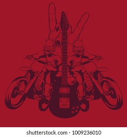 Vector hand drawn illustration of guitar , racers and rock hand . Tattoo artwork.  Template for card, poster, banner, print for t-shirt, label.