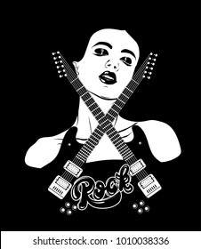Vector hand drawn illustration of guitar and handwritten lettering. Tattoo artwork. Realistic  portrait of young pretty girl. Template for card, poster, banner, print for t-shirt, label.