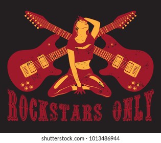Vector hand drawn illustration of guitar and handwritten lettering. Tattoo artwork. Realistic  portrait of young pretty girl. Template for card, poster, banner, print for t-shirt, label.