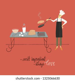 Vector hand drawn illustration. The guy makes pancakes. Drawing and quote.