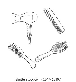 Vector hand drawn illustration of hair salon in vintage engraved style. hairbrush hair dryer vector sketch illustration