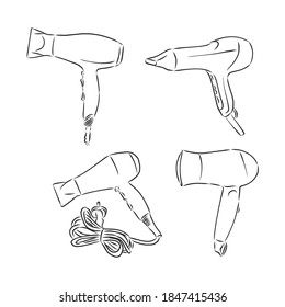 Vector hand drawn illustration of hair salon in vintage engraved style. hairbrush hair dryer vector sketch illustration